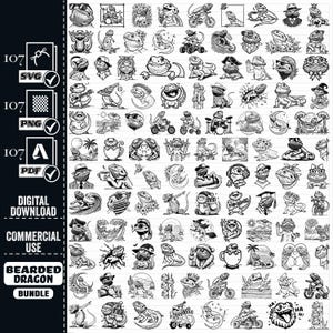 May include: A digital download bundle of 107 black and white illustrations of bearded dragons in various poses and situations. The illustrations include the bearded dragons wearing hats, playing musical instruments, riding motorcycles, and more.