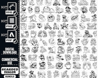 Puede incluir: Un paquete de descarga digital de 107 ilustraciones en blanco y negro de dragones barbudos en varias poses y situaciones. Las ilustraciones incluyen dragones barbudos con sombreros, tocando instrumentos musicales, conduciendo motocicletas y más.
