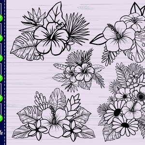 May include: A set of five black and white floral illustrations featuring hibiscus, plumeria, and other tropical flowers. The illustrations are perfect for crafting projects, scrapbooking, and digital design.