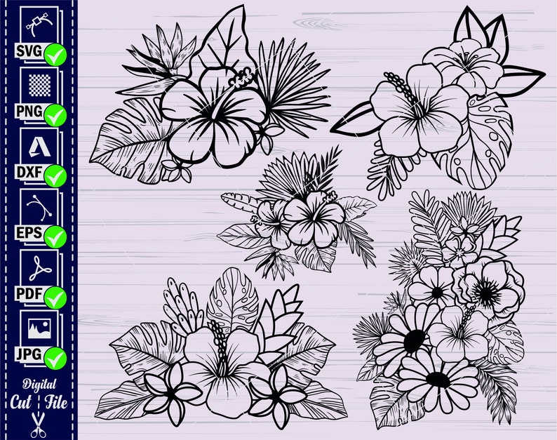 May include: A set of five black and white floral illustrations featuring hibiscus, plumeria, and other tropical flowers. The illustrations are perfect for crafting projects, scrapbooking, and digital design.