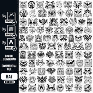 May include: A set of 89 black and white bat illustrations. The bats are in various poses and styles, including cartoon, gothic, and realistic. The illustrations are perfect for use in crafting, scrapbooking, and digital design.