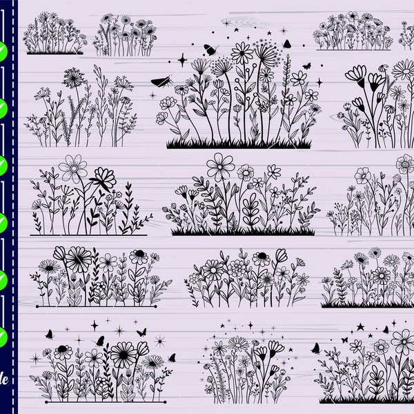 Wildblumen SVG, #3, Blumenwiese SVG, Blumenrand SVG, Cricut, minimalistischer Blumenstrauß, Wildblumen Clipart, botanische SVG Clipart, Vektor