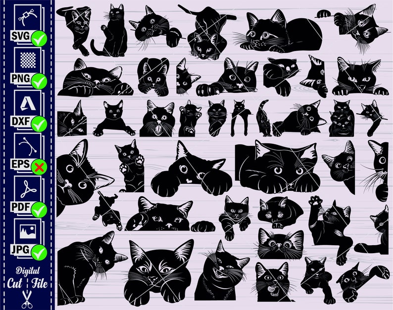 Op de afbeelding: Een digitaal snijbestand met een verzameling zwarte katten silhouetten in verschillende poses. De katten zijn afgebeeld in een speelse en grillige stijl, perfect voor knutselprojecten, scrapbooking of om een vleugje kattencharme aan je ontwerpen toe te voegen.