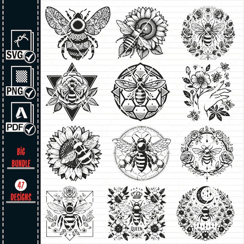 Floral Bee SVG Bundle, Honeycomb, Queen Bee Clipart (digital Download ...
