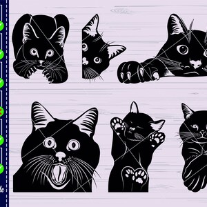Op de afbeelding: Een set van zes zwarte katten silhouet afbeeldingen in verschillende poses. De katten kijken allemaal naar voren, met hun ogen gesloten of open. Sommige katten kijken naar de zijkant, terwijl andere recht vooruit kijken. De afbeeldingen zijn perfect voor gebruik in knutselprojecten, scrapbooking of digitaal ontwerp.