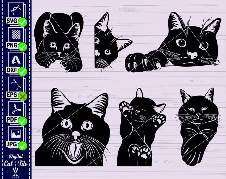 Op de afbeelding: Een set van zes zwarte katten silhouet afbeeldingen in verschillende poses. De katten kijken allemaal naar voren, met hun ogen gesloten of open. Sommige katten kijken naar de zijkant, terwijl andere recht vooruit kijken. De afbeeldingen zijn perfect voor gebruik in knutselprojecten, scrapbooking of digitaal ontwerp.