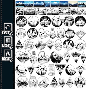 Geometric Mountain svg, mountains svg, Waterfall Landscape Tattoo design, mountain scene svg, landscape svg, nature svg, adventure svg, PNG