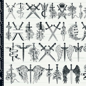 May include: A set of 24 black and white digital cut files featuring various sword designs. The swords are decorated with flowers, wings, snakes, butterflies, crowns, and skulls.