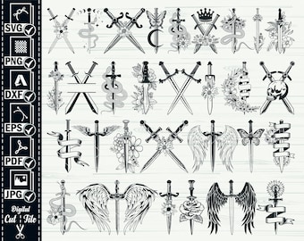 May include: A set of 24 black and white digital cut files featuring various sword designs. The swords are decorated with flowers, wings, snakes, butterflies, crowns, and skulls.