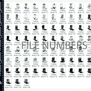 K&ouml;nnte beinhalten: Ein Set mit 80 schwarzen und wei&szlig;en digitalen Schnittdateien mit Cowboy-Stiefeln in verschiedenen Designs. Die Dateien sind mit dem Text "Cowboy Boots" und einer Nummer von 1 bis 80 beschriftet.