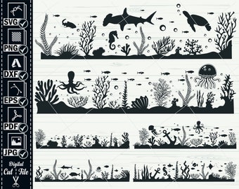 Könnte beinhalten: Schwarz-weißes Silhouette-Schnittmuster mit einer Unterwasserszene mit Meereslebewesen, darunter ein Hammerhai, ein Seepferdchen, ein Tintenfisch, eine Qualle, eine Schildkröte, Fische und Korallen.
