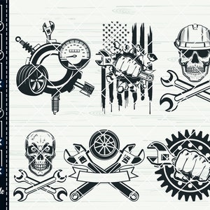 May include: A set of six black and white digital cut files featuring a skull with crossed wrenches, a skull with a hard hat, a fist breaking through an American flag, a gear with a fist holding a wrench, a skull with crossed wrenches, and a tire with crossed wrenches.