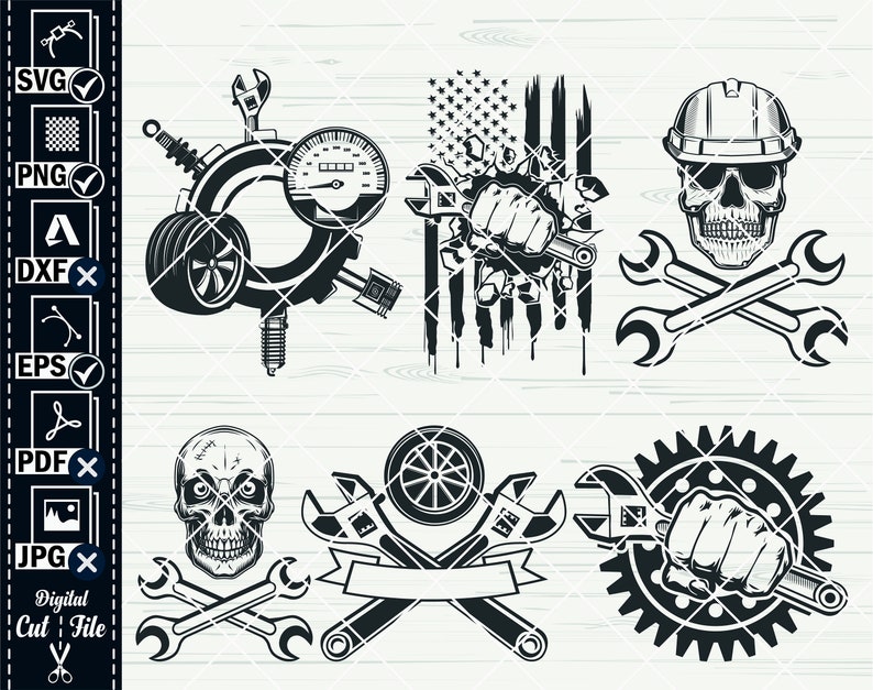 May include: A set of six black and white digital cut files featuring a skull with crossed wrenches, a skull with a hard hat, a fist breaking through an American flag, a gear with a fist holding a wrench, a skull with crossed wrenches, and a tire with crossed wrenches.