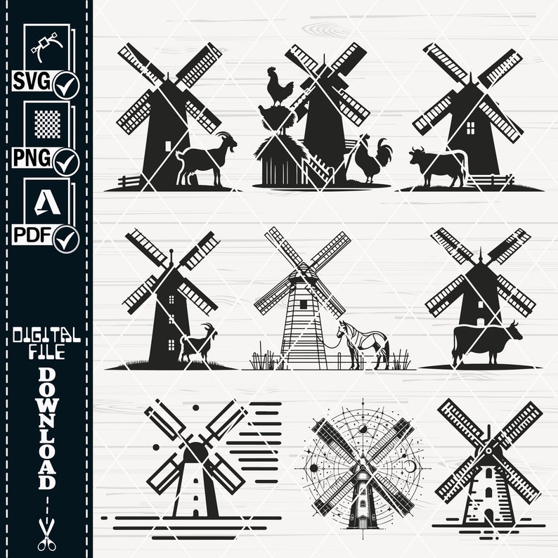 Farm Windmill SVG Cut Files, Floral Windmill Clipart (digital Download ...