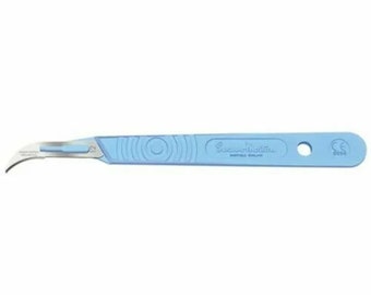 May include: A blue plastic scalpel handle with a curved, stainless steel blade. The handle has a textured grip and the text "Swann-Morton" is printed on the handle.
