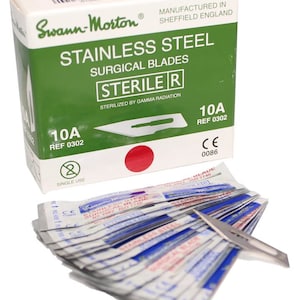 May include: A pack of 10A sterile stainless steel surgical blades, individually packaged and labeled with the Swann-Morton brand name. The blades are sterilized by gamma radiation and are for single use only.