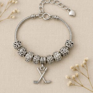 Silver European Golf Charm Bracelet with Crystal Beads, Adjustable Chain, Elegant Sports Jewelry Gift for Women, Girls and Golf Lovers