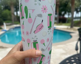 Golf Tumbler For Women 20oz Pink Green Golf Clubs Bags Flowers Pattern Stainless Steel Mug Cute Golf Cup Gift For Ladies Golf Lover