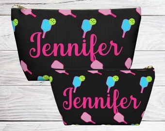 Personalized Pickleball Cosmetic Bag, Pickleball Accessory Pouch w T-bottom, Pickleball Makeup Bag for Women Pickleball Players