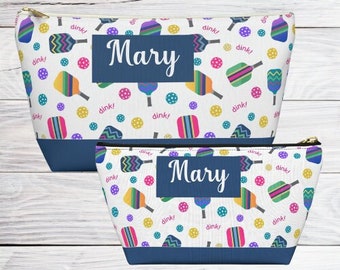 Personalized Pickleball Cosmetic Bag, Pickleball Accessory Pouch w T-bottom, Pickleball Makeup Bag for Women Pickleball Players