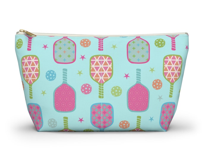 Pickleball Cosmetic Bag, Pickleball Paddle Design Accessory Pouch w T-bottom, Beach Pickleball Makeup Bag for Women Pickleball Players