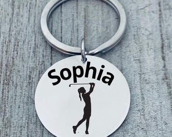 Custom Girl Golfer Keychain with Name – Personalized Stainless Steel Round Charm Gift for Female Golfers, Teams or Coaches
