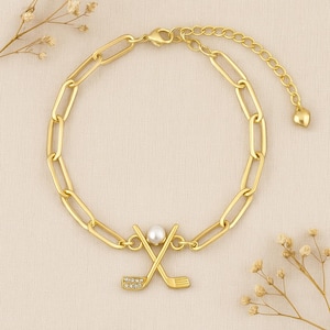 Gold Golf Paperclip Bracelet with Pearl and Crystal Charm, Adjustable Stainless Steel Sports Jewelry Gift for Women Golfers
