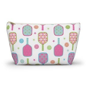 Pickleball Cosmetic Bag, Pickleball Paddle Design Accessory Pouch w T-bottom, Beach Pickleball Makeup Bag for Women Pickleball Players