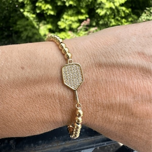 Pickleball Charm Bracelet,18K Gold Plated Beaded Ball Chain Jewelry for Women, Stackable Stretch Elastic Gold Bracelets, Pickleball Gift