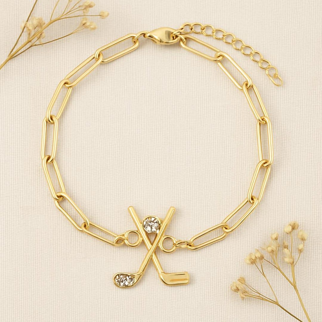 Gold Golf Bracelet With Crystal Golf Club Charm on Paperclip Chain ...