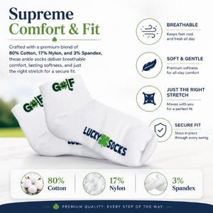 May include: White ankle socks with the text "GOLF" and "LUCKY SOCKS" in green and blue. The socks are made of 80% cotton, 17% nylon, and 3% spandex. The image includes text about breathability, softness, and fit.