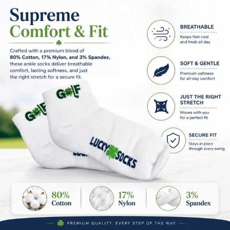 May include: White ankle socks with the text "GOLF" and "LUCKY SOCKS" in green and blue. The socks are made of 80% cotton, 17% nylon, and 3% spandex. The image includes text about breathability, softness, and fit.