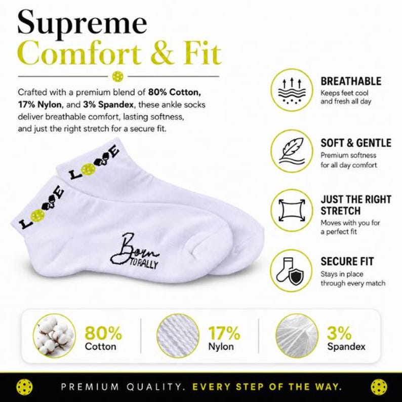 May include: White ankle socks with the text "LOVE" and "Born Naturally" in black script. The socks are made of 80% cotton, 17% nylon, and 3% spandex. The image includes text that says "Supreme Comfort & Fit".