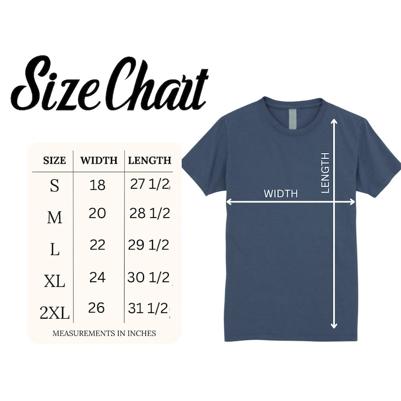 K&ouml;nnte beinhalten: Gr&ouml;&szlig;entabelle f&uuml;r ein T-Shirt mit Ma&szlig;en in Zoll. Die Tabelle zeigt die Gr&ouml;&szlig;e, Breite und L&auml;nge des T-Shirts in Zoll. Das T-Shirt ist in dunkelblau dargestellt.