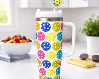 Pickleball Tumbler with Handle and Straw, 30oz Stainless Steel Pickleball Cup, Insulated Pickleball Gift for Women, Pickleball Player Gift