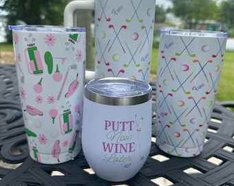 Golf Themed Tumblers For Women Putt Now Wine Later Tumbler Cute Golf Mug Stainless Steel Golf Cup Gift For Golf Lover Ladies Golf Cup
