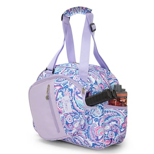 May include: A purple and white paisley patterned tennis bag with a separate compartment for a racket and a side pocket for a water bottle. The bag has a top handle and adjustable shoulder straps.