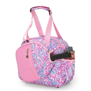 May include: Pink paisley patterned sports bag with a separate compartment for a racket and a side pocket for a water bottle.