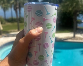 Golf Tumbler for Women 20oz – Colorful Golf Clubs & Balls Pattern Stainless Steel Travel Cup | Cute Golf Mug Gift for Ladies and Golf Lovers