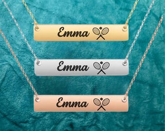 Personalized Tennis Necklace, Custom Name Bar Necklace, Engraved Tennis Jewelry, Sports Lover Gift, Tennis Racket Pendant, Gift For Her
