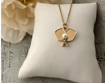 Pickleball Pearl Necklace, Pickleball Jewelry, Pickleball Gifts for Women, 18k Gold Plated Pickleball Paddle Pendant, Gift for Pickleball