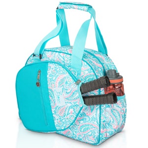 May include: A turquoise and white paisley patterned sports bag with a zipped pocket and a side pocket for a water bottle and racquet.