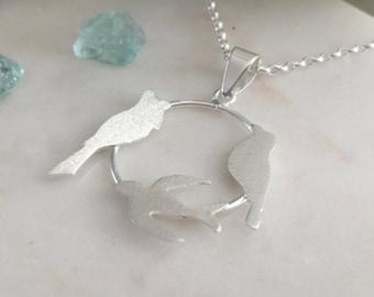 Bird Necklace, Birds on a branch necklace, swallow necklace, sterling silver necklace, Flying birds silver necklace,  circle silver pendant