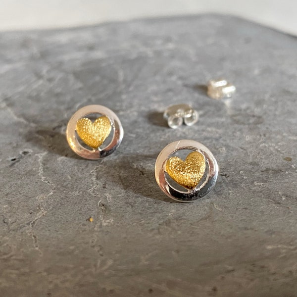 Silver and Gold Heart Stud Earrings, Circle Stud Earrings, Teeny Tiny Circle Earring Studs,  Gold and Sterling Silver,  Gold and Silver