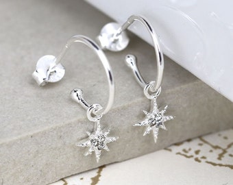 Sterling silver crystal star sleeper hoops | Silver Huggie Hoop Earrings | Star Hoop Earrings | Mini Hoops | Dainty Hoops