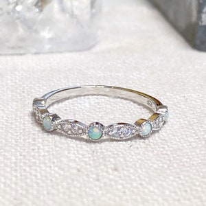 Silver Opal and Cubic Zirconia Vintage Style Silver Ring l Ring | Delicate Opal Ring | Birthstone Ring | Sterling Silver Opal Ring