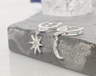 Silver Star and Moon Huggie Hoops | 925  Sterlings Silver Huggie Hoop Earrings | Cubic Zirconia  Hoop Earrings | Mini Hoops | Dainty Hoops