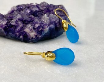 Blue Chalcedony Earrings | Briolette Gemstone Earrings | | 18K Gold Vermeil Earrings | March Birthstone Earrings | Gold Drop Earrings