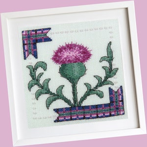Peut inclure: Une broderie au point de croix encadrée représentant un chardon violet avec des feuilles vertes et une bordure en tissu écossais.