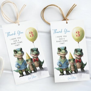 Dino Three Rex Thank You Tags, Dinosaur Party Favor Tags, Birthday Thank You Tags, Dinosaur Party, Dino Thank You Tags, Instant Download